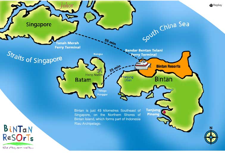 Bintan Island is just 45 km Southeast of Singapore.