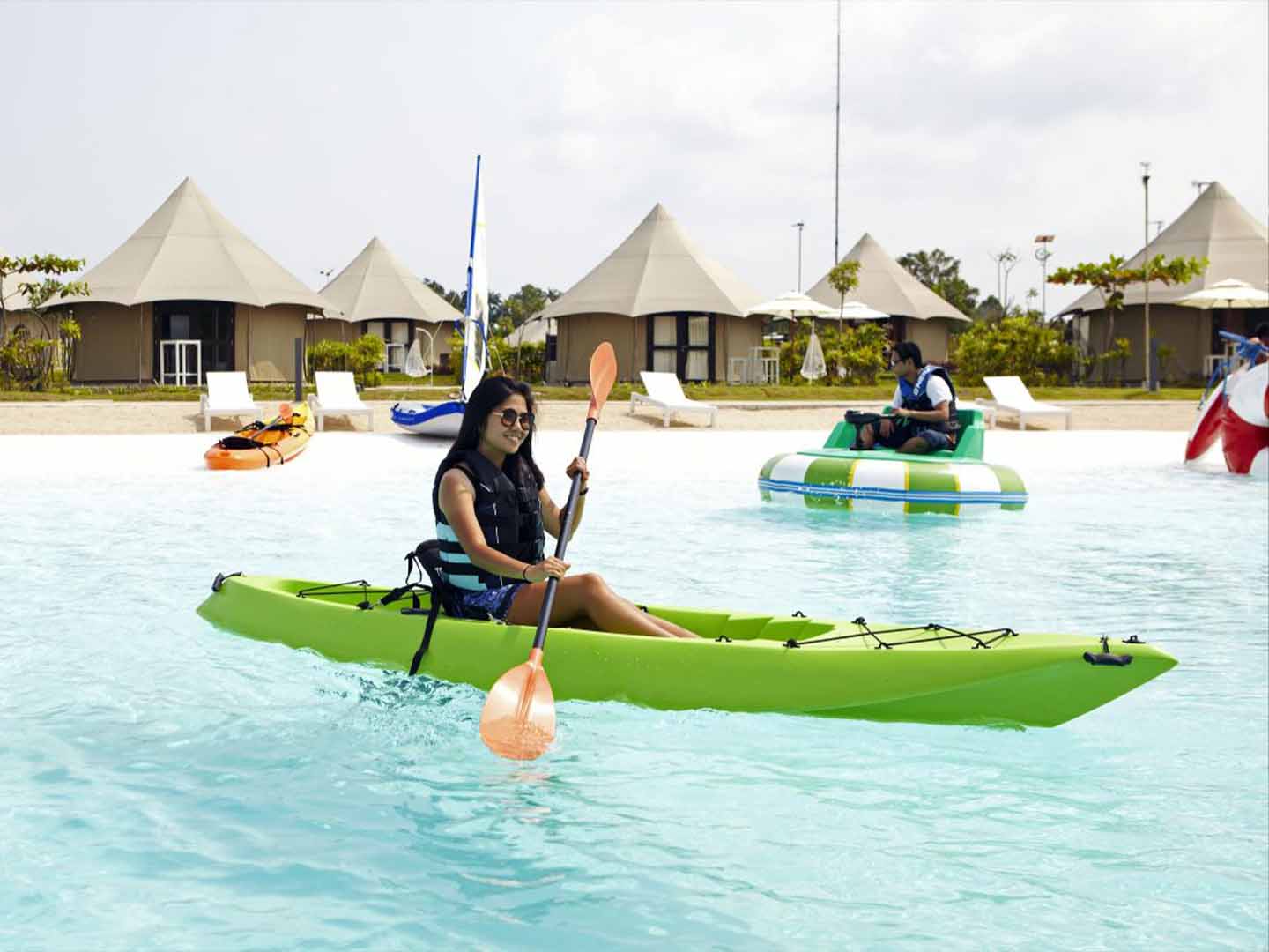 Kayak at Crystal Lagoon for easy paddles with the calm waters.
