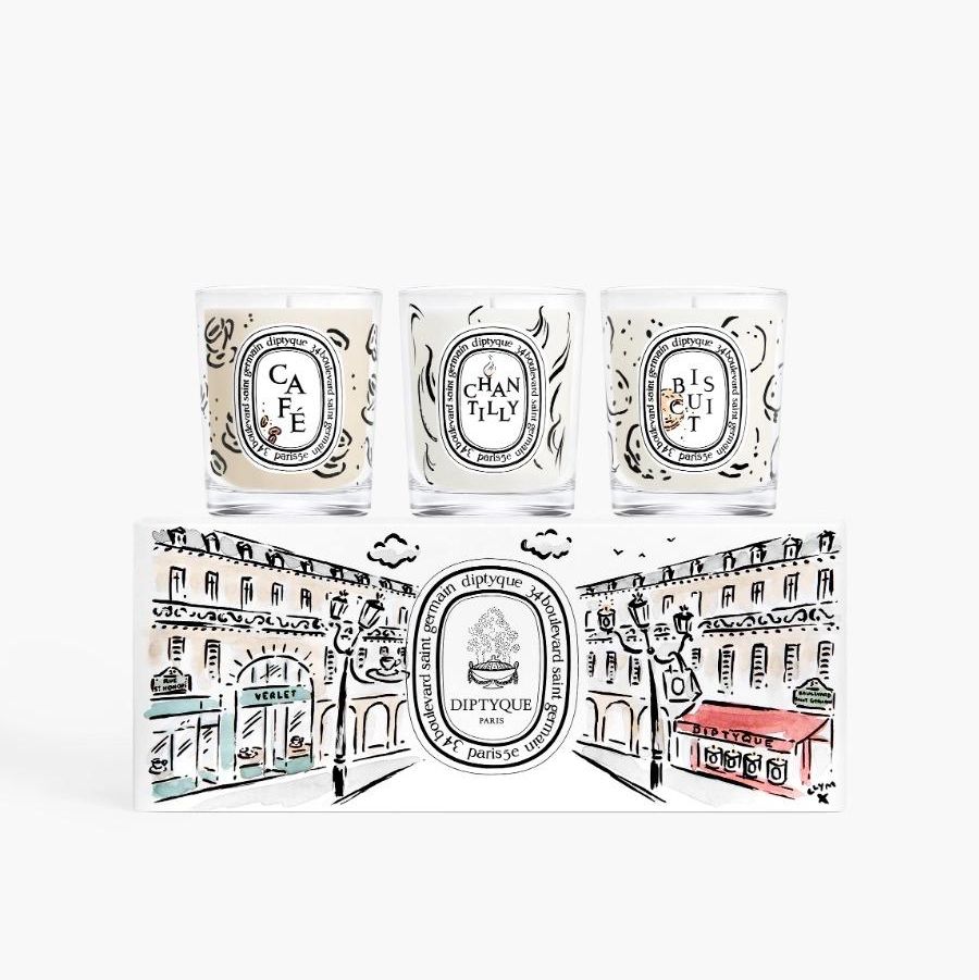 Diptyque Café (Coffee), Chantilly (Whipped Cream), Biscuit (Cookie) - Set of 3 Small Candles