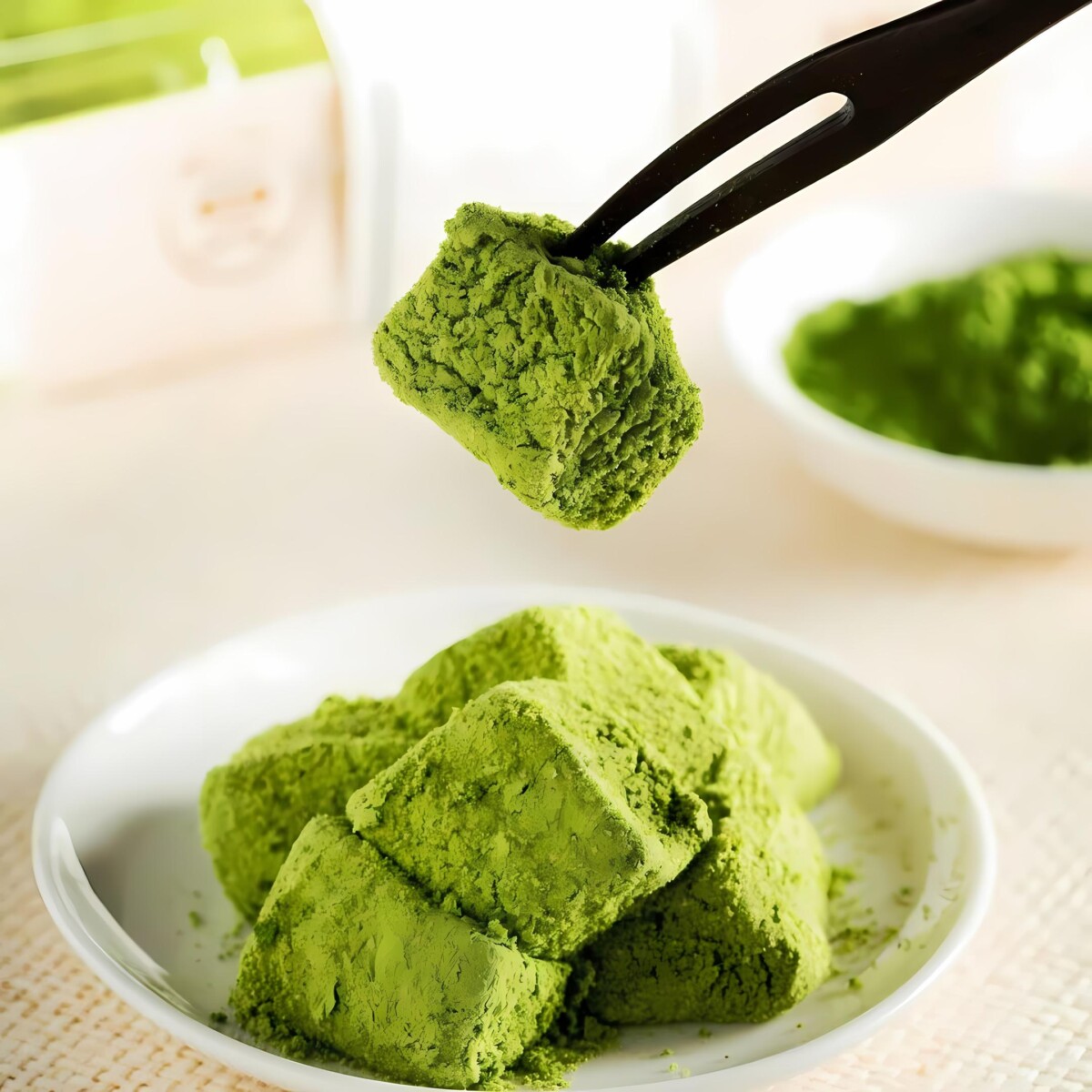 Springy rice cakes with vibrant matcha for a delightful textural contrast!