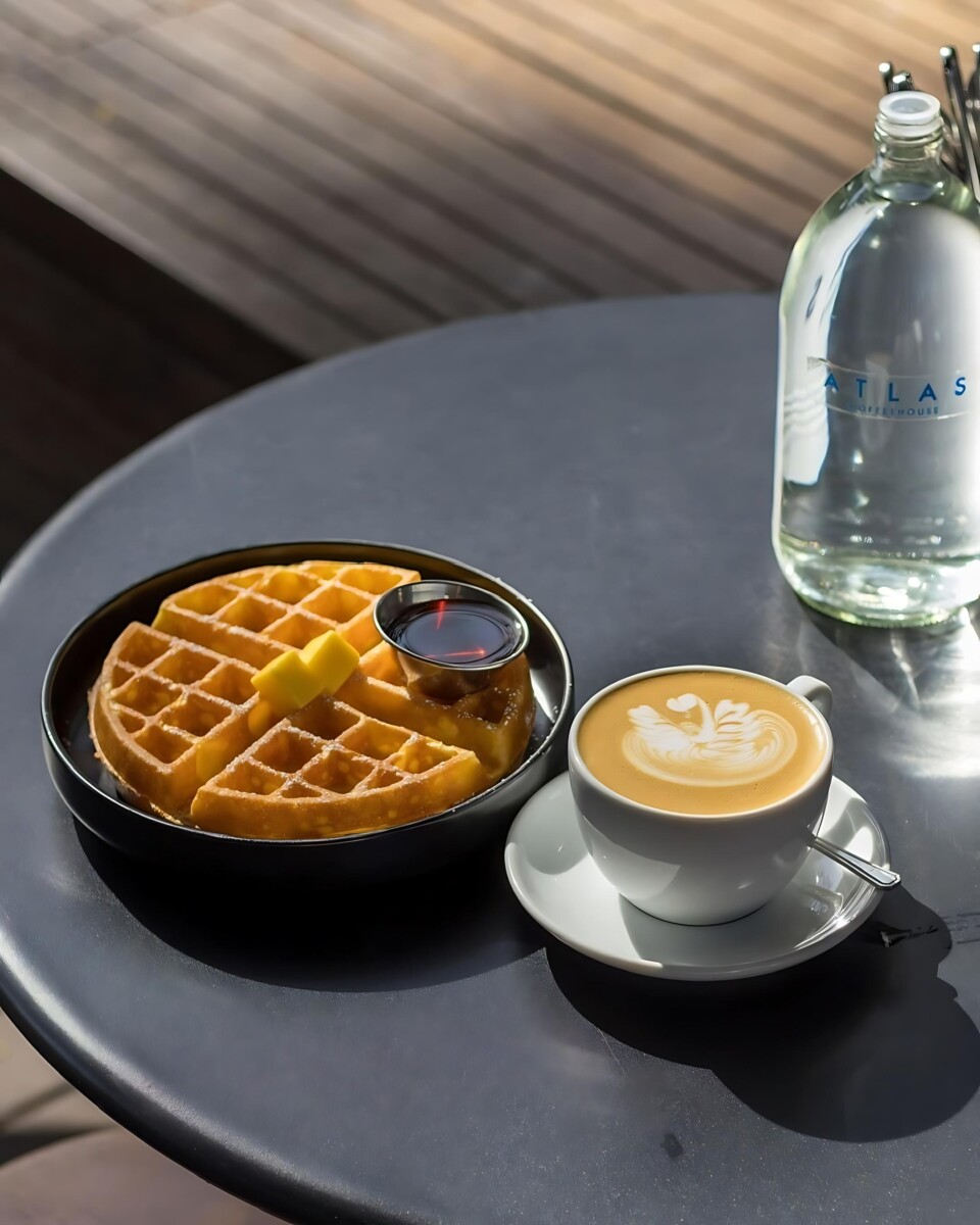 Indulge in pure bliss with Atlas Coffeehouse's coffee paired with crispy, golden waffles - a match made in heaven.